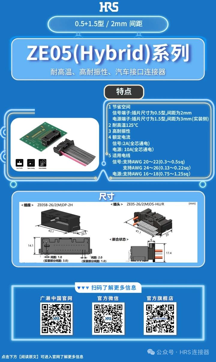 【產(chǎn)品推薦】耐高溫、高耐振性、汽車接口、電源信號(hào)混合型連接器ZE05系列